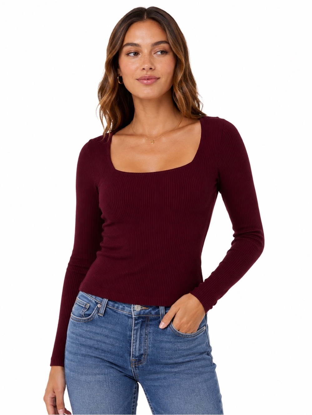 nine britton Deep Wine Ribbed Long-Sleeve Scoop Top M